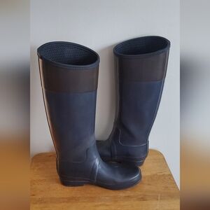 Hunter Regent Carlyle Dark Blue Rain Boots With Brown Accent Size US 9